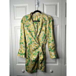 Zara Green Yellow Floral Print Satin Long Sleeve Dress Women's Size Small S